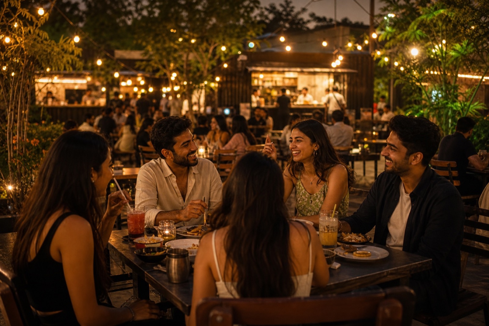 Friends enjoying food together at night under warm lights