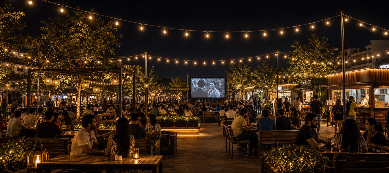 Night-time atmosphere with fairy lights and movie-night energy