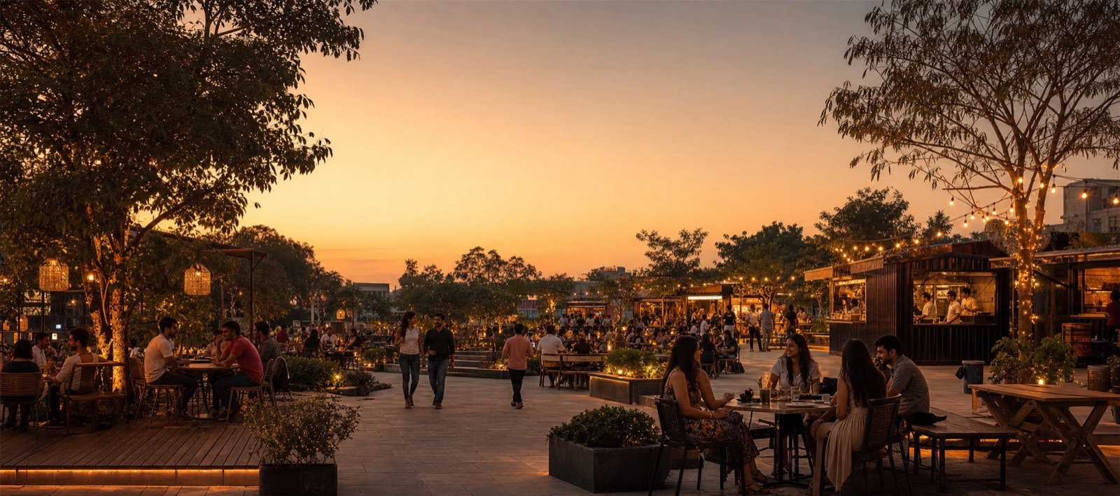 Open-air destination at sunset with families and friends
